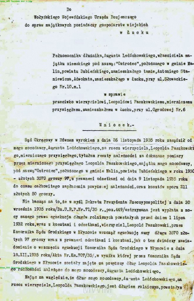 KKE 5953-5.jpg - Dok. Teczka Wierzytelności (spraw spornych) pomiędzy Leopoldem Kleofasem Paszkowskim a hrabią Augustem Ledóchowskim z Ostrożca, Równe, 26 XI 1935/29 VIII 1939 r.